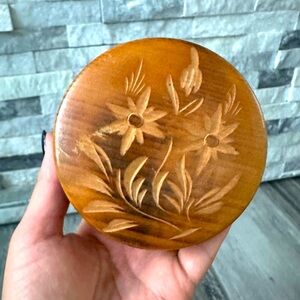 Vintage Small Round Wooden  Floral Trinket Jewelry  Box Made in Poland
